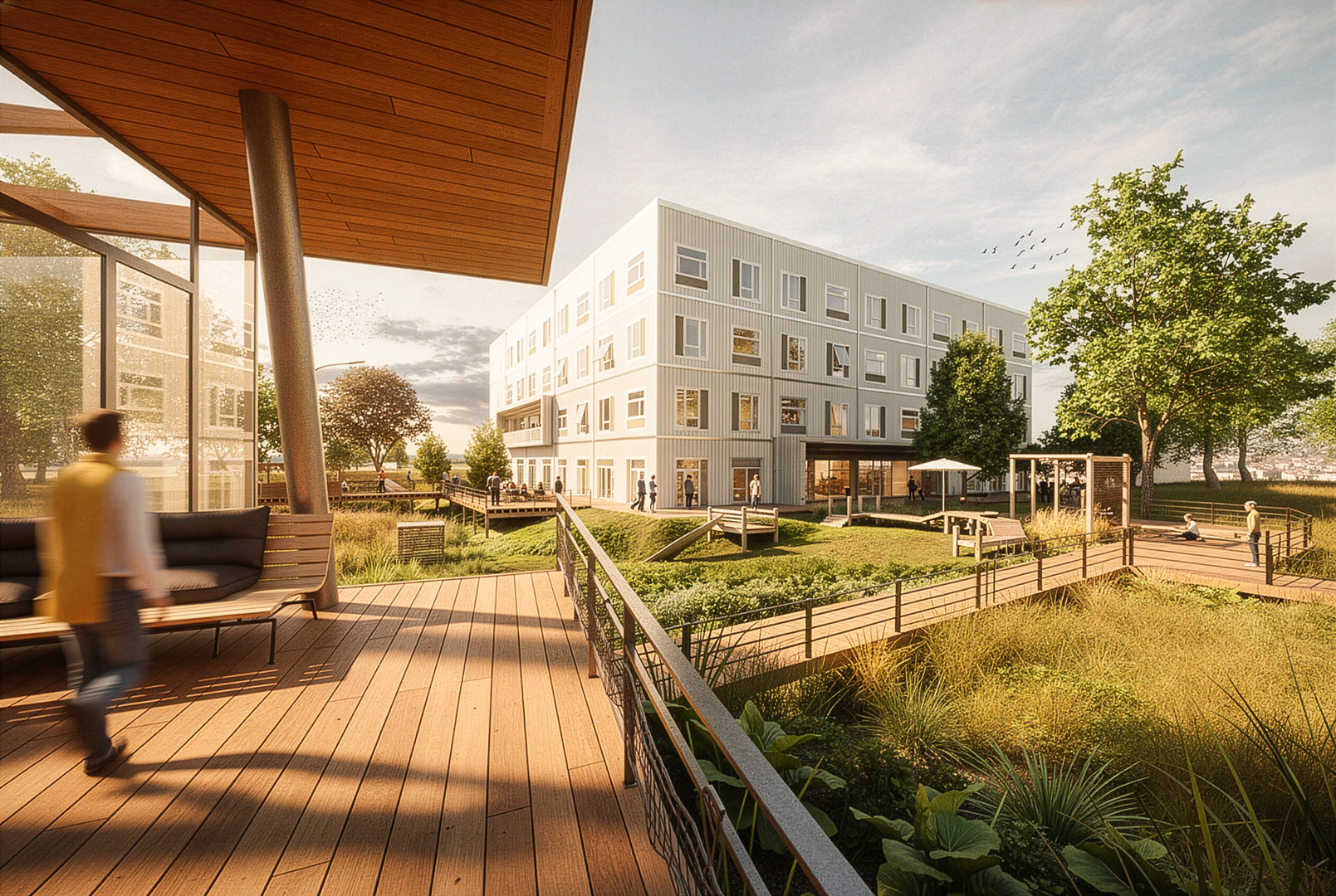 Visualisierung luniq Außenansicht | © BIS / Tim David Müller-Zitzke Ein weißes Gebäude von außen in der Natur | © BIS / Tim David Müller-Zitzke