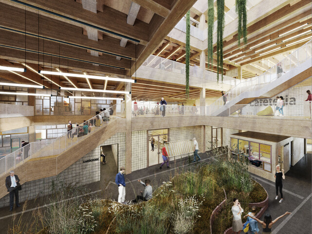 Ein visualisiertes Foyer mit Holzverkleidun und Begrünung, in dem sich Menschen aufhalten | © BIS/Partner und Partner