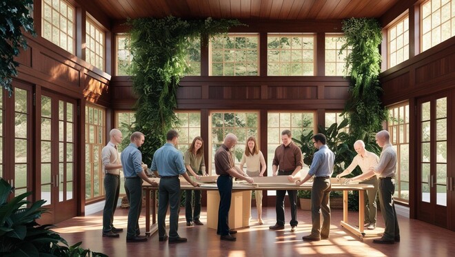 Visualisierung einer Gruppe von Menschen in einemraum, die um einen Tisch herum stehen | © Visualisierung BIS/AI generiert