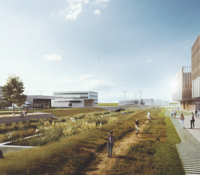 Es handelt sich um eine Visualisierung. Am rechten Bildrand ist angeschnitten ein Gebäude zu sehen, auf der linken Seite eine grüne Wiese. Dazwischen sind mehrere Personen abgebildet. | © BIS/Partner und Partner Archtiekten