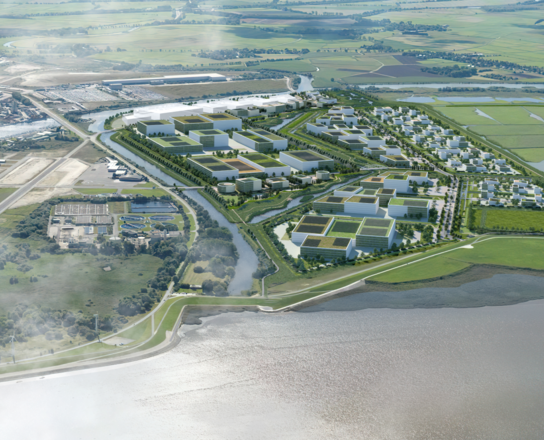 LUNEDELTA mit Blick von der Weser | © BIS/urbanegestalt PartGmbB Luftansicht mit Gebäuden, Wasser und grünen Wiesen | © BIS/urbanegestalt PartGmbB