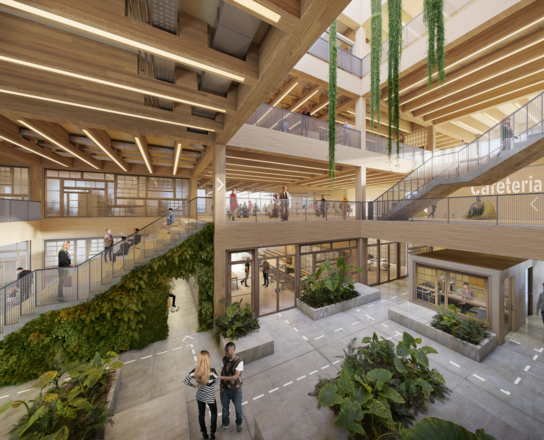 Innenansicht Foyer Gründungszentrum | © BIS/Partner und Partner Ansicht eines Foyers über mehrere Etagen mit Holzverkleidung und Begrünung | © BIS/Partner und Partner