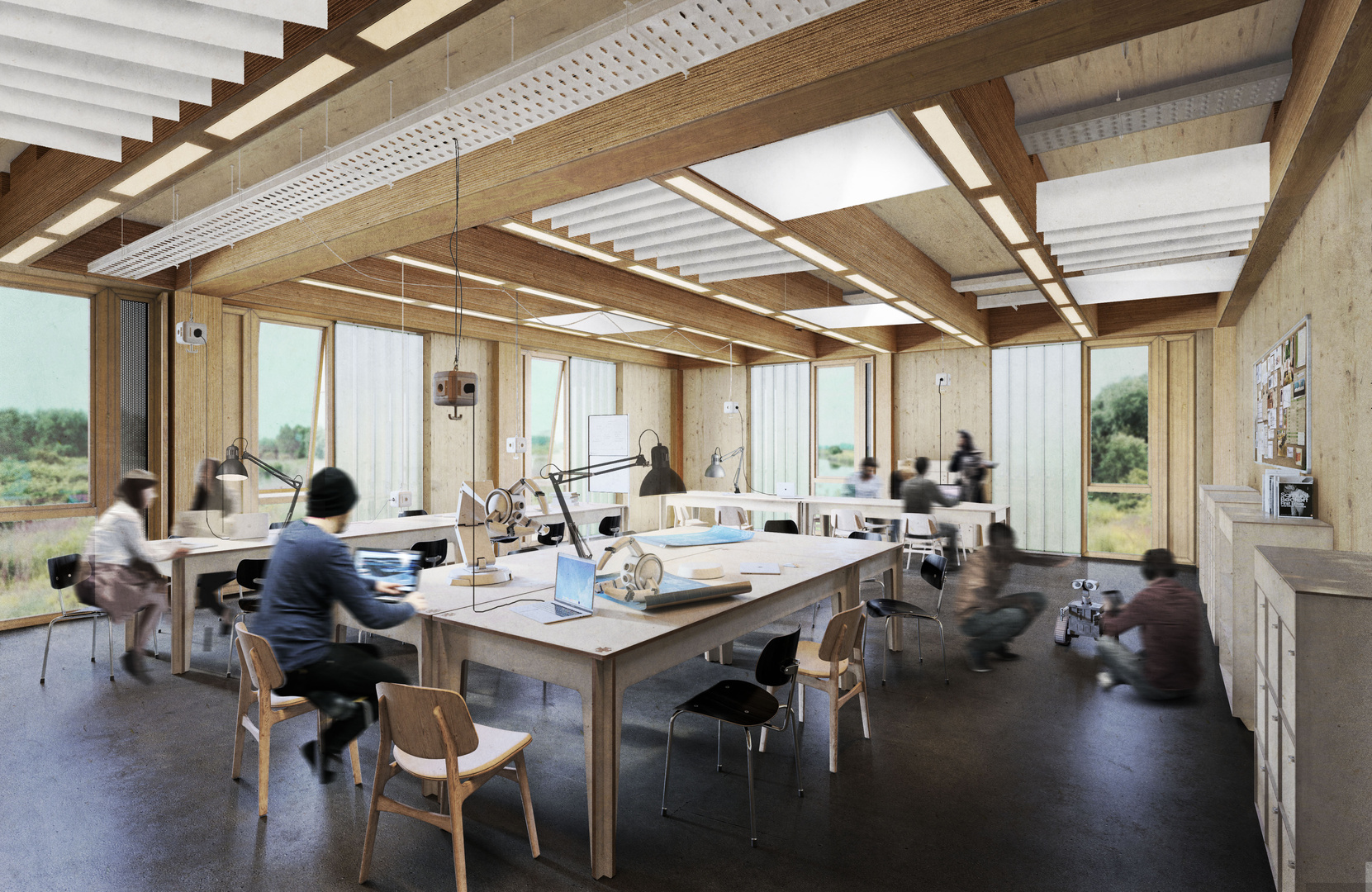 Visualisierung einer Werkstatt im Gründungszentrum | © BIS/Partner und Partner Innenansicht einer Werkstatt mit Holztischen und Menschen an Laptops | © BIS/Partner und Partner