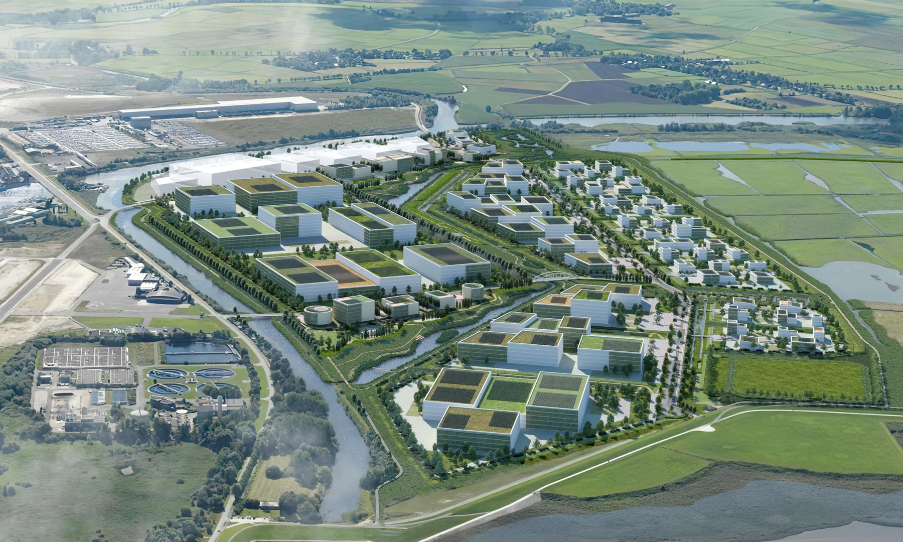 Visualisierung LUNEDELTA - Blick von der Weser | © BIS/urbanegestalt PartGmbB Visualisiertes Gewerbegebiet von oben mit verschieden großen Gebäuden | © BIS/urbanegestalt PartGmbB