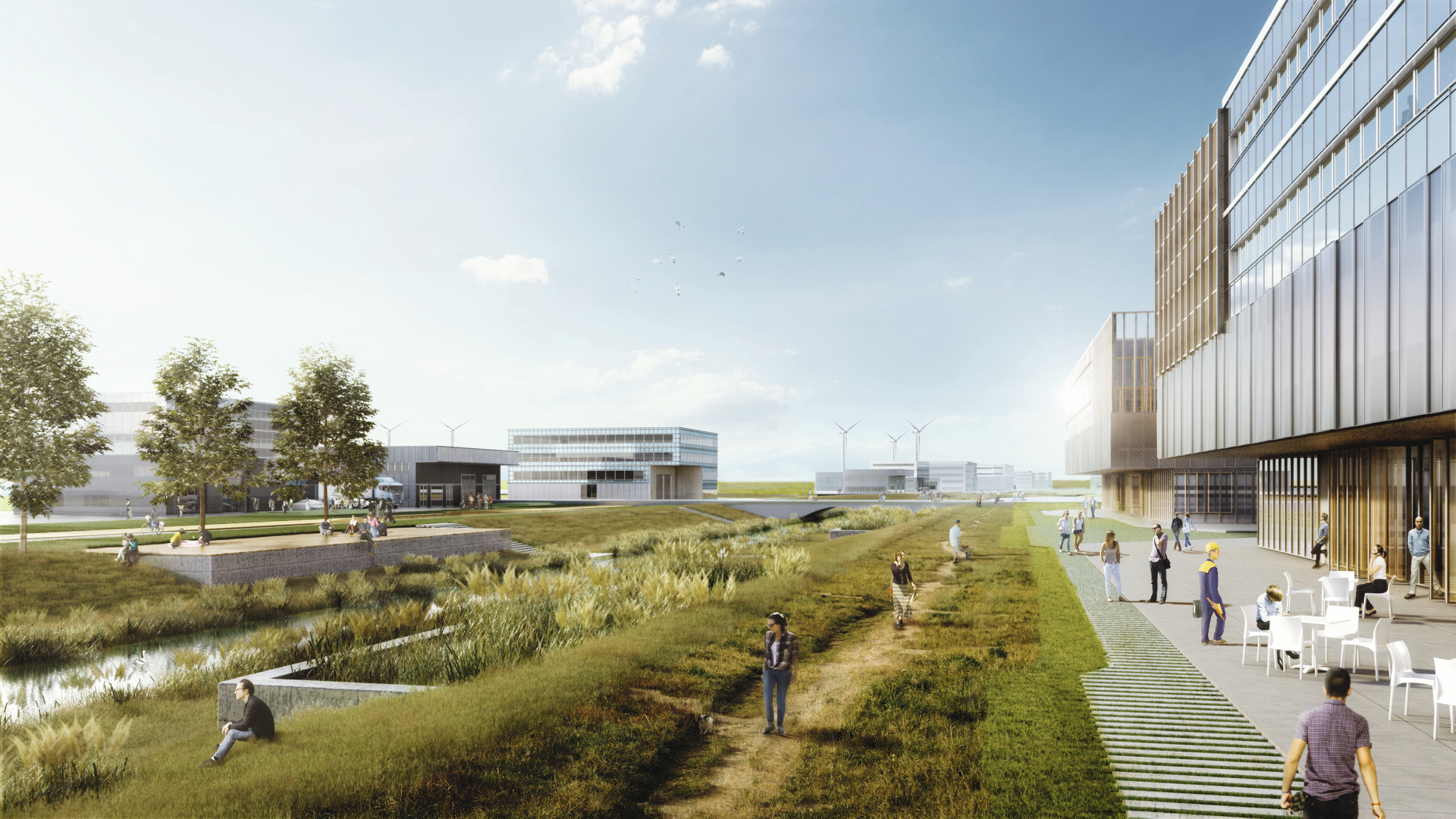 Visualisierung Blick ins LUNEDELTA | © BIS/Partner und Partner Wiese mit Menschen im Vordergrund sowie ein angeschnittenes Gebäude auf der rechten Seite und angedeutete Gebäude und Windkraftanlagen im Hintergrund | © BIS/Partner und Partner